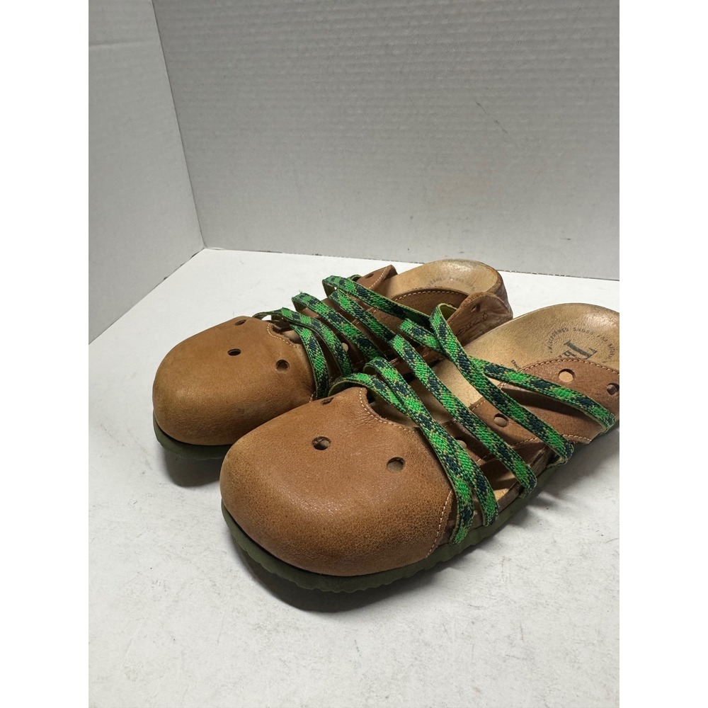 Think! Julia Tan Leather Green Elastic Cord Slide Sandals EU 39 US 8 82318-15